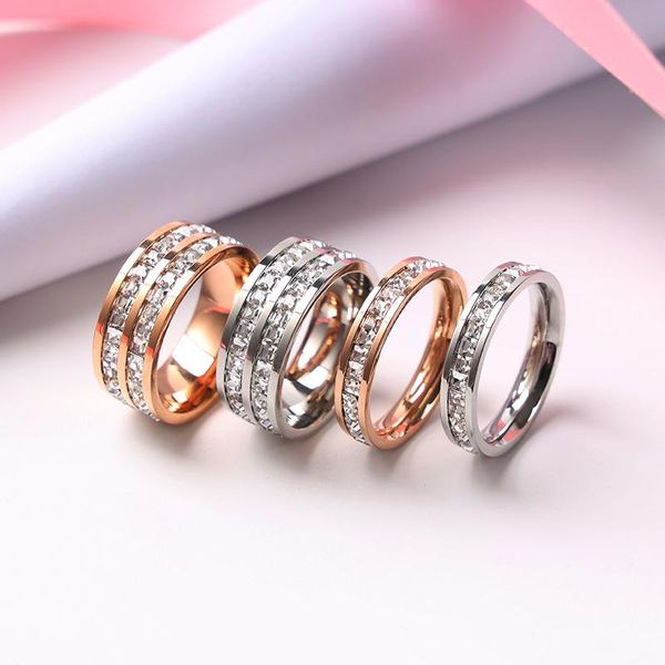 

explosive fashion single and double row crystal ring women's men's stainless steel plating rose gold couple wholesale cluster ring, Golden;silver