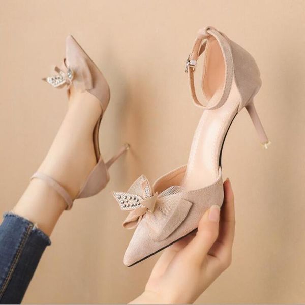 

dress shoes high heel women woman fashion heels pointed toe flock thin 2021 summer bow rhinestone sandals d308, Black