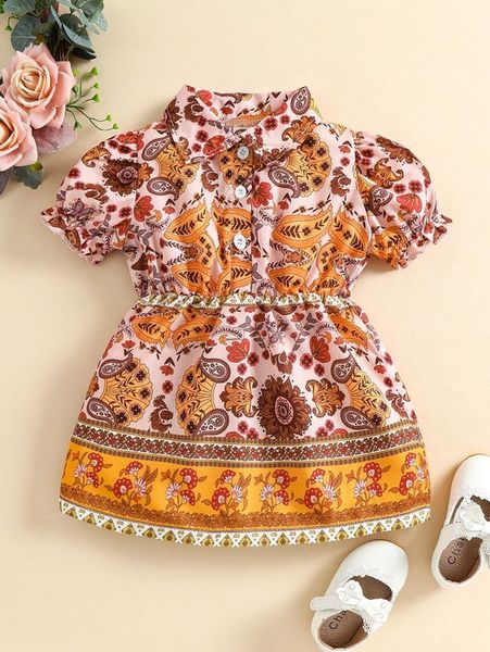 

baby paisley & floral print puff sleeve shirt dress she, Red;yellow