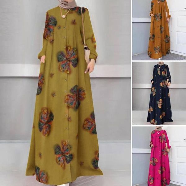 

casual dresses lugentolo muslim fashion long shirt dress women plus size loose waist retro printed cotton and linen for, Black;gray