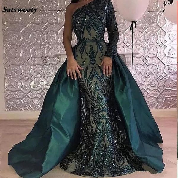 

party dresses luxury dark green evening 2021 one shoulder mermaid sequined prom gown with detachable train custom made, White;black