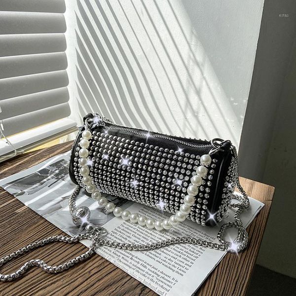 

evening bags 2021 style fashionable hand-held cylinder bag air rhinestone underarm women pearl chain boston shoulder1