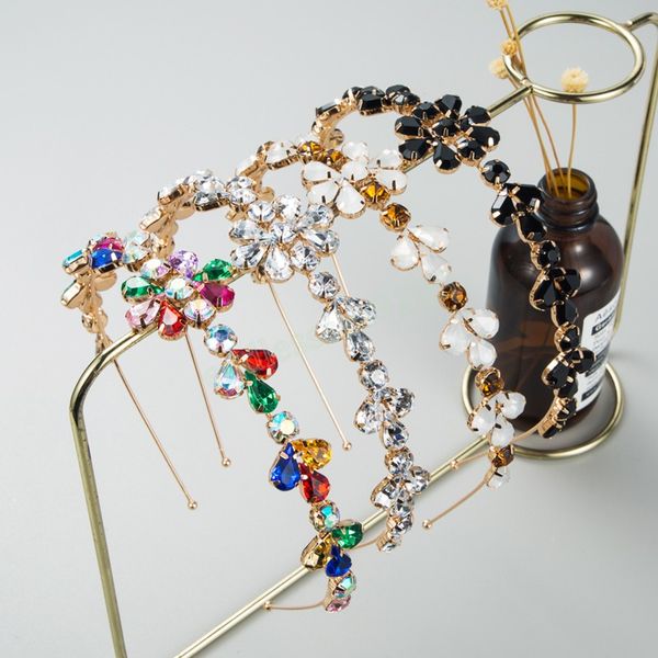 

trendy multi color crystal flower headband elegant geometric gemstone beaded hairband female banquet hair jewelry, Silver