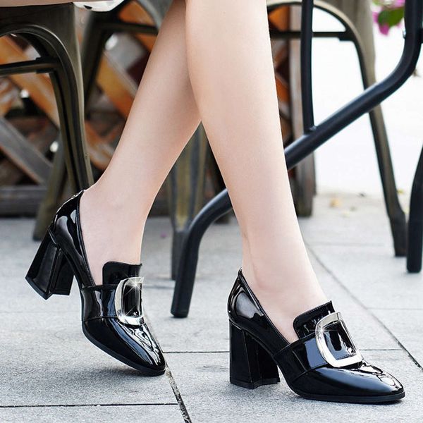 

korean version four seasons versatile square head small leather sho british style thick heels high women's single, Black