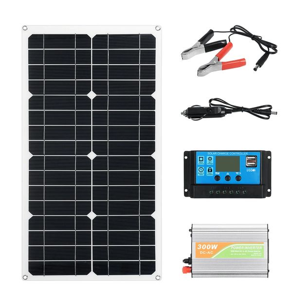 18V Sistema Solar Panel Panel Bateria Carregador 300W Inversor 10A Controller Kit - A