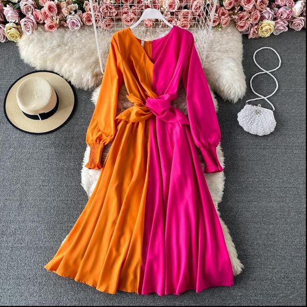 

women dress vintage v neck red yellow patchwork long lantern sleeve vacation beach robe female fashion vestidos spring, Black;gray