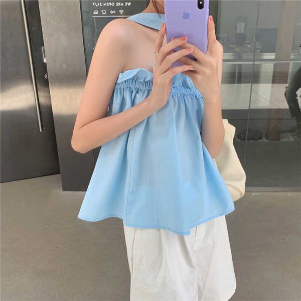 

& tees tanks & camis backless halter crop summer korean chic fashion sleeveless women clothing hollow out 210610, White