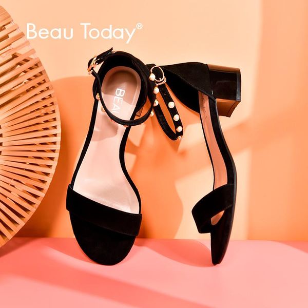 

beautoday pearl sandals women kid suede leather ankle strap cover heel elegant female summer shoes handmade 31036, Black
