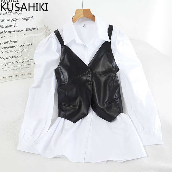

spring women 2pieces outfits puff sleeve blouse shirt + single breasted pu leather vest korean elegant sets 6e895 210603, White