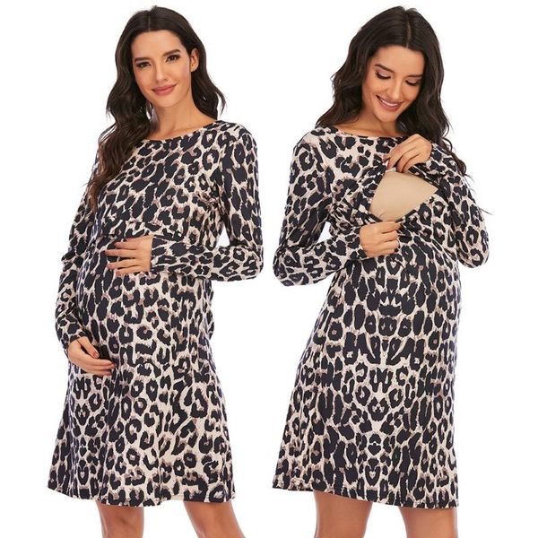 

maternity dresses dress fashion leopard print women pregnant long sleeve breastfeeding nursing loose outer wear clothes, White
