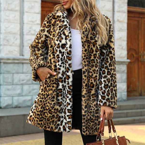 

women faux fur coat streetwear autumn winter warm plush teddy coats long leopard print luxury fake fur jacket fur coat jackets 211129, Black