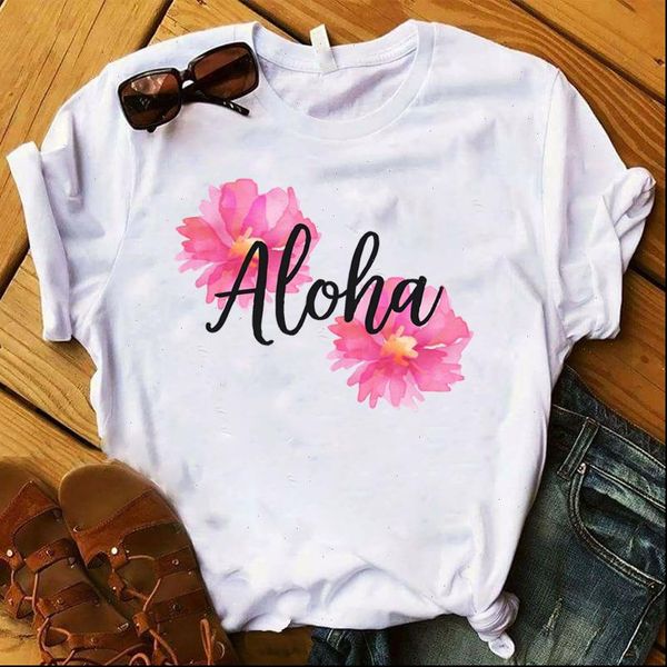 

aloha flower floral printed womens short sleeve tee clothes, White