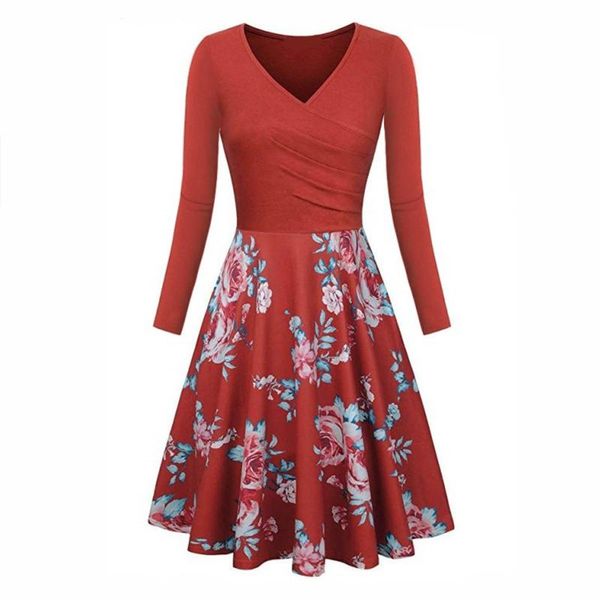 

casual dresses women's fashion autumn and summer women dress red floral print a-line long sleeve v-neck elegant lady robe longue, Black;gray