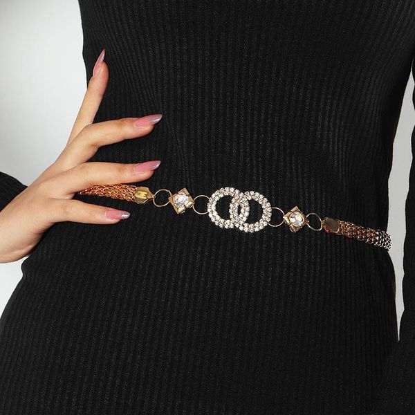 

belts fashion diamond-studded chain exaggerated letters luxury gold double ring simple all-match dress personality waist, Black;brown