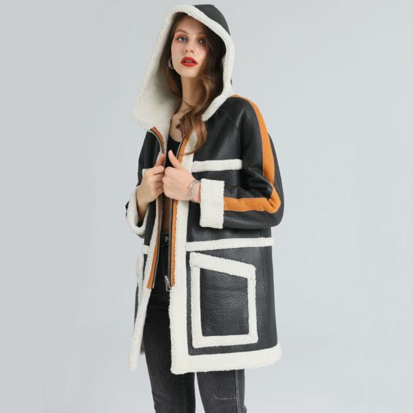 

women's fur & faux hooded 2021 long real coat for women thicken warm red sheepskin shearling clothing genuine leather outerwear, Black