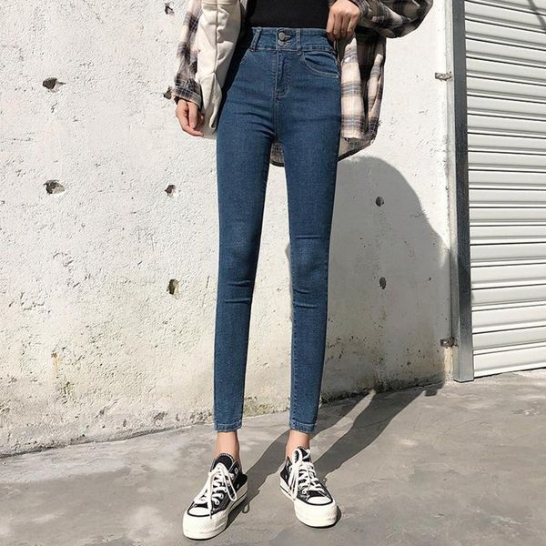 

women's jeans women'sjeans high waist double breasted elastic pants leggings slim spring autumn wear black, dark blue, grey