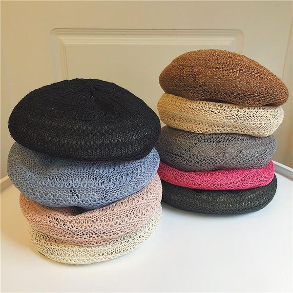 

berets japanese net red retro wild breathable hollow straw beret hat female summer thin pumpkin painter, Blue;gray