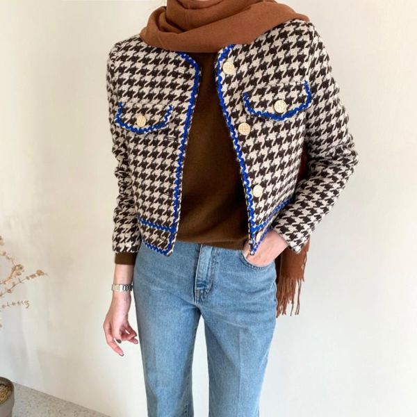 

women's jackets 2021 autumn temperament elegant houndstooth tweed o-neck single-breasted jacke coat female korean lady casual woolen ou, Black;brown