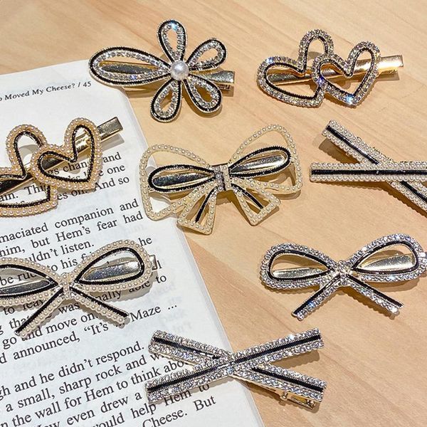 

xwen 2021 girls pearl bow heart hair clip simple rhinestone barrettes hairpin ornament fashion accessories oh2261, Slivery;white