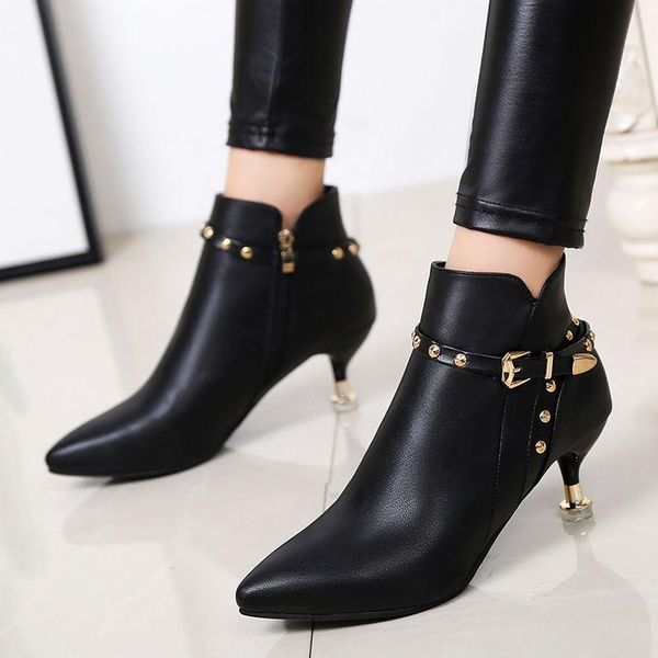

boots cresfimix women classic black pu leather rivet stiletto female summer ankle flock autumn winter a6406f