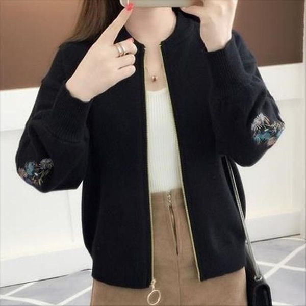 

women's knits & tees women cardigan zipper black sweater 2021 autumn winter fashion embroidered floral long sleeve knit casual korean l, White