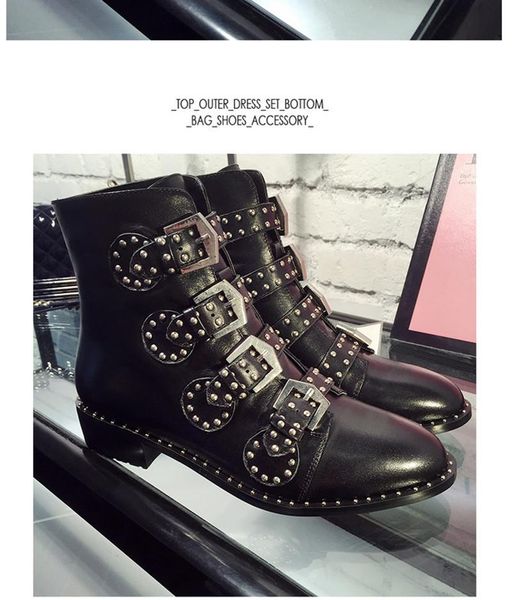 

boots fashion woman buckle strap rivet studs leather/short plush ankle women spiked chunky heels motorcycle, Black