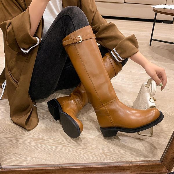 

boots mezereon mid calf women's high warm winter split leather riding equestrian woman with buckle botas mujer, Black