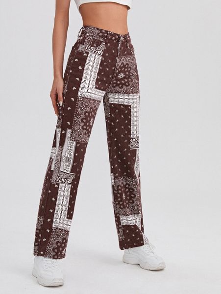 

high waist paisley & geo pattern straight leg jeans 83z1#, Blue