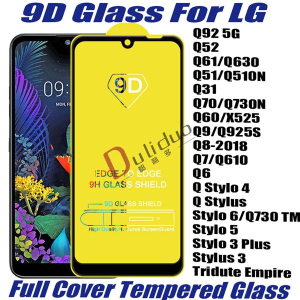 9D tampa completa Protetor de tela de vidro temperado para LG Q92 5G Q52 Q61 Q630 Q51 Q31 Q70 Q60 Q6 Q8 Q7 Q6 Q Stylus Styo 6 5 3 Empire de Trigo