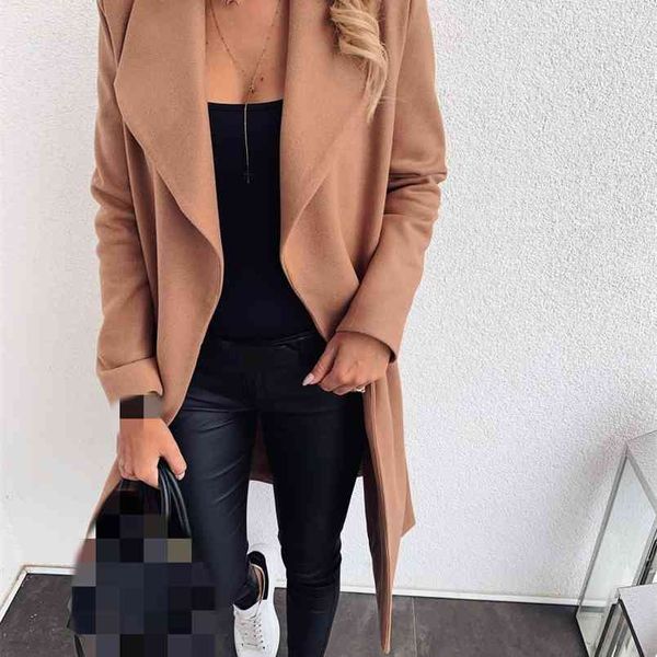 

winter warm wool trench women's coat oversize lace up black midi female coats autumn elegant fashion ladies outerwear 210914, Tan;black