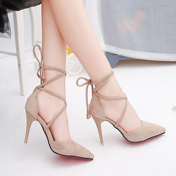 

elegant wild high heel sandals 2021 korean suede heels shallow mouth pointed stiletto cross strap female, Black