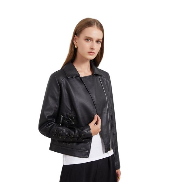 

women's leather & faux women coat jackets blouse shirts, zipper casual soft motorcycle jacket, Black