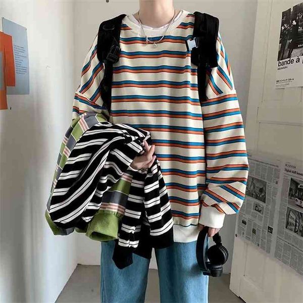 

men's loose round collar hoodies striped printing sweatshirts long sleeves clothing pullover fashion trend coats m-2xl 210813, Black