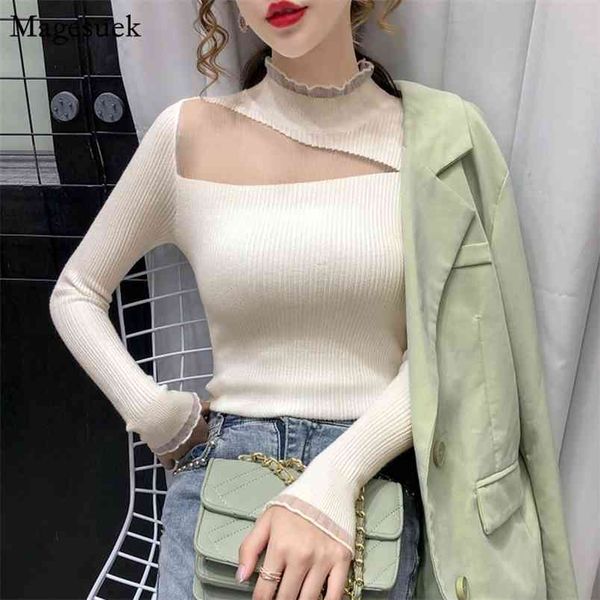 

autumn long sleeve knitted sweater women korean lace mesh o-neck solid slim woman s jumper 11589 210512, White;black