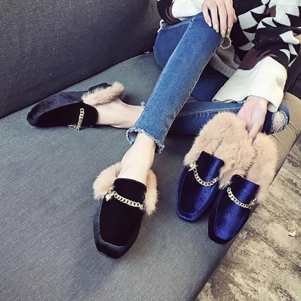 

slippers close toe winter half fur fashion flock plus faux ladies shoes metal decoration flat slides women, Black