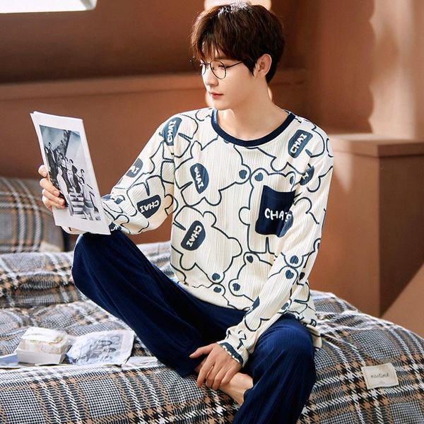 

men's sleepwear autumn winter male long sleeve pajamas set casual blue o-neck mens plus size cotton homewear cute bear cartoon printed, Black;brown
