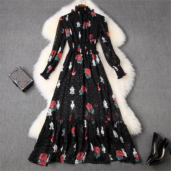 

two piece dress runway spring designer fashion complete floral frilly printing neck mid-calf aline chiffon dress vacation f1wu, White
