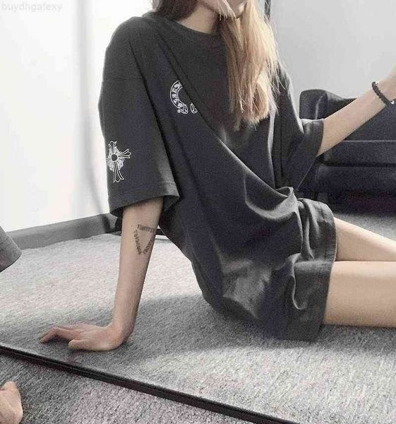 

shirt hearts t chrome fshions 2021 summer men and women brand horseshoe crosin sanskrit cross short sleeve loose 5r66, White;black