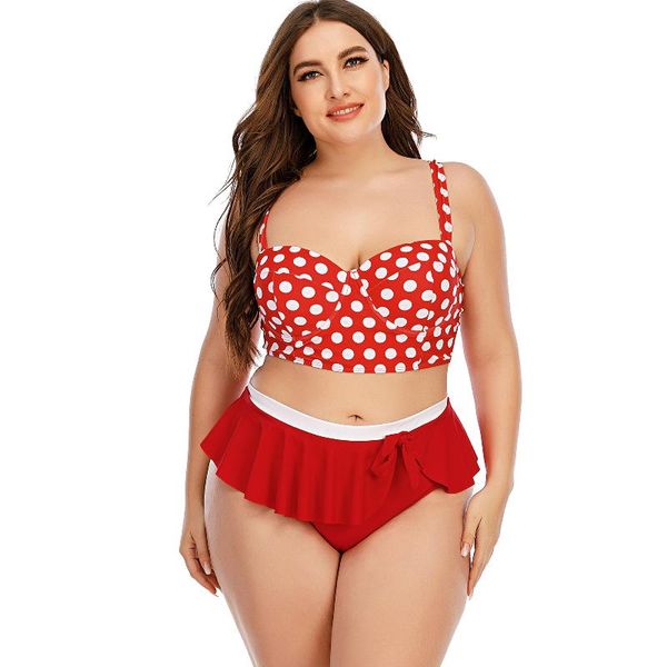 

women's swimwear bikini set retro polka dot steel support high waist ruffled split swimsuit women fat lady plus size bathing suit, White;black