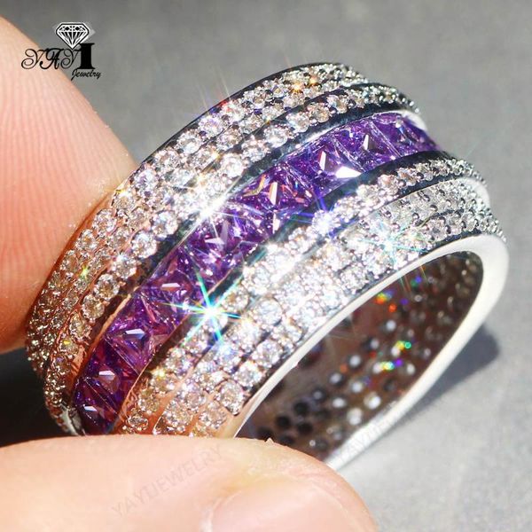 

cluster rings yayi jewelry fashion princess cut prong setting purple cubic zirconia silver color engagement wedding party leaves gift, Golden;silver