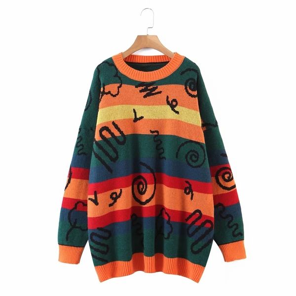 Herbst und Winter Damen Lazy Rainbow Gestreifter Pullover Lose Kontrastfarbe Lollipop Graffiti Pullover 210521