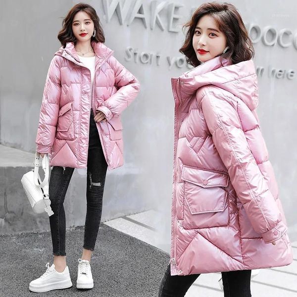 

women's down & parkas 2021 glossy cotton coat womens casual loose parka winter jackets long hooded outwear thick warm, Black
