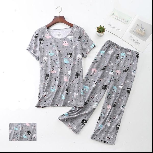 

cartoon pajamas set women sleepwear short sleeve t shirt long pants fashion home cotton mom big size, Black;red