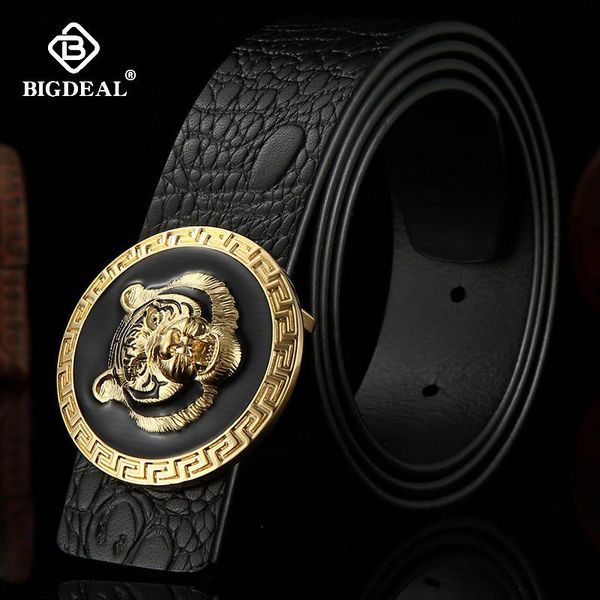 

belts gold tiger smooth buckle belt men cowhide genuine leather for solid brass business formal waistband strap male, Black;brown