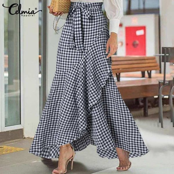

skirts women fashion plaid check fishtail maxi skirt celmia summer asymmetrical ruffles wrapped high waist casual long plus size, Black