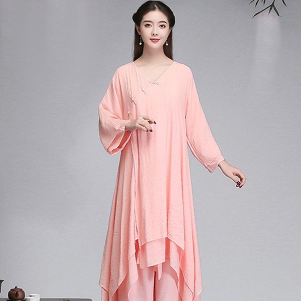 

traditional chinese women blouses linen yoga set pants retro long cheongsam tai chi uniform breathable casual hanfu 11609, Red