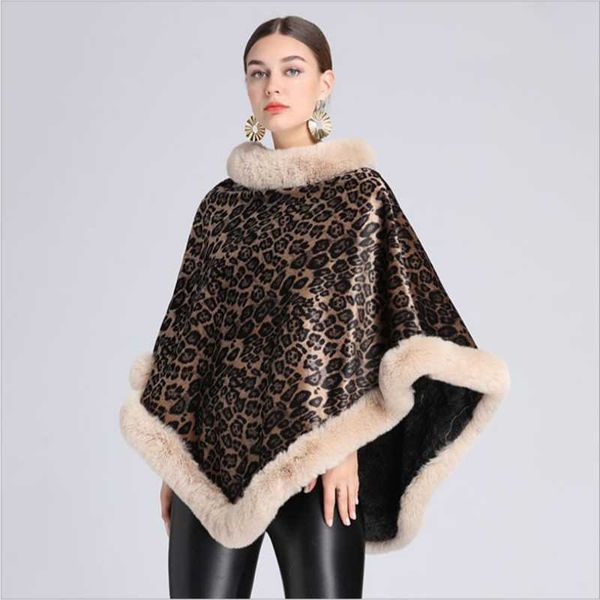 

women's fur & faux european and american leopard print plus velvet padded rex collar cape shawl knitted pullover coat, Black
