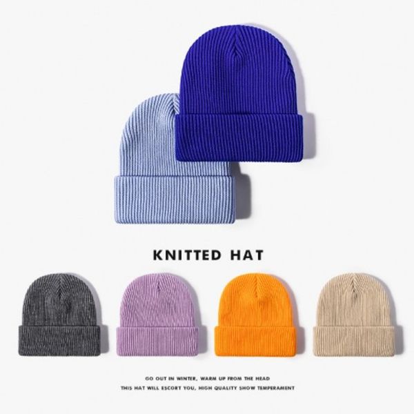 

european and american fashion autumn and winter knitted hat monochrome warm ear-protection smooth plate hat women and men cold tide, Blue;gray