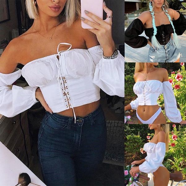 

women's t-shirt summer women one-shoulder long-sleeved casual single-breasted slim waist sexy, White