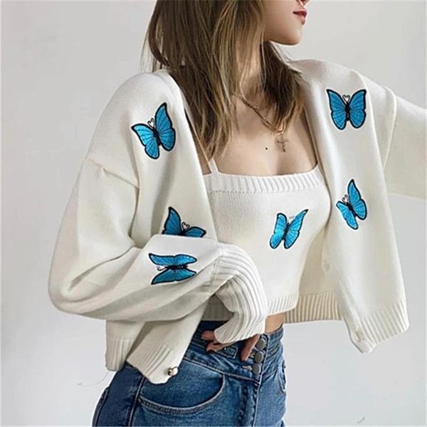 

women's knits & tees ladies long-sleeved v-neck autumn and winter casual short butterfly embroidered lantern sleeve knitted sweater car, White